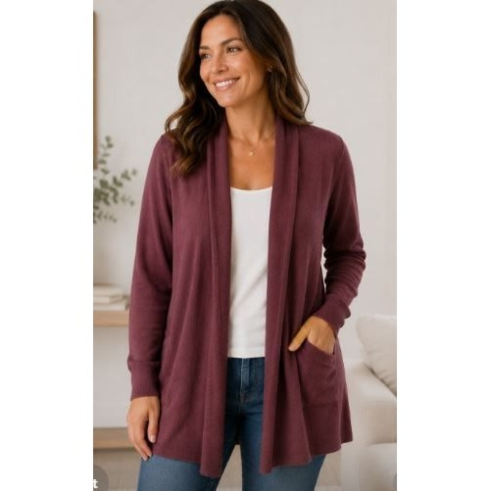 Athleta Pranayama Wrap Cardigan Large Burgundy Purple Athleisure Layer Minimal